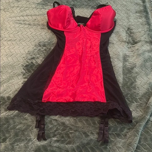 Fredricks of Hollywood Seduction Nightie Garter Clips Underwire Black Red L - Picture 1 of 9